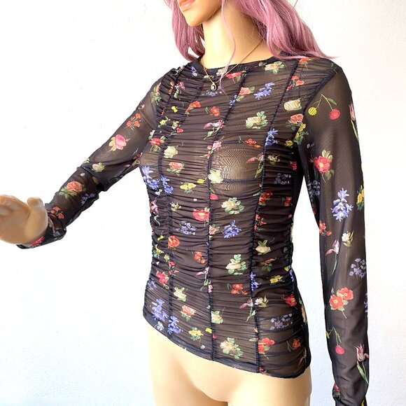 Mesh Long Sleeve Floral Blouse Sheer Ruched Top Grunge Sexy Lightweight Stretch - Picture 6 of 7